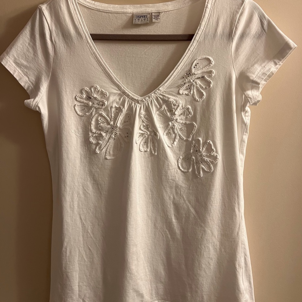 Esprit White Short Sleeve Ruffled Tee
